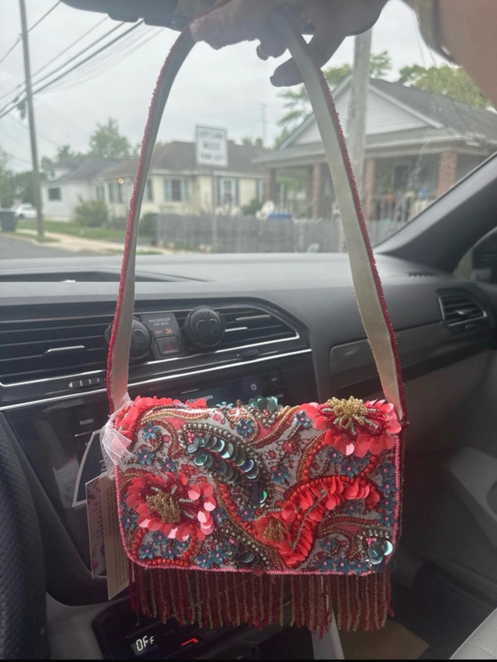Embellished Floral Beaded Shoulder Bag - Coral Pink